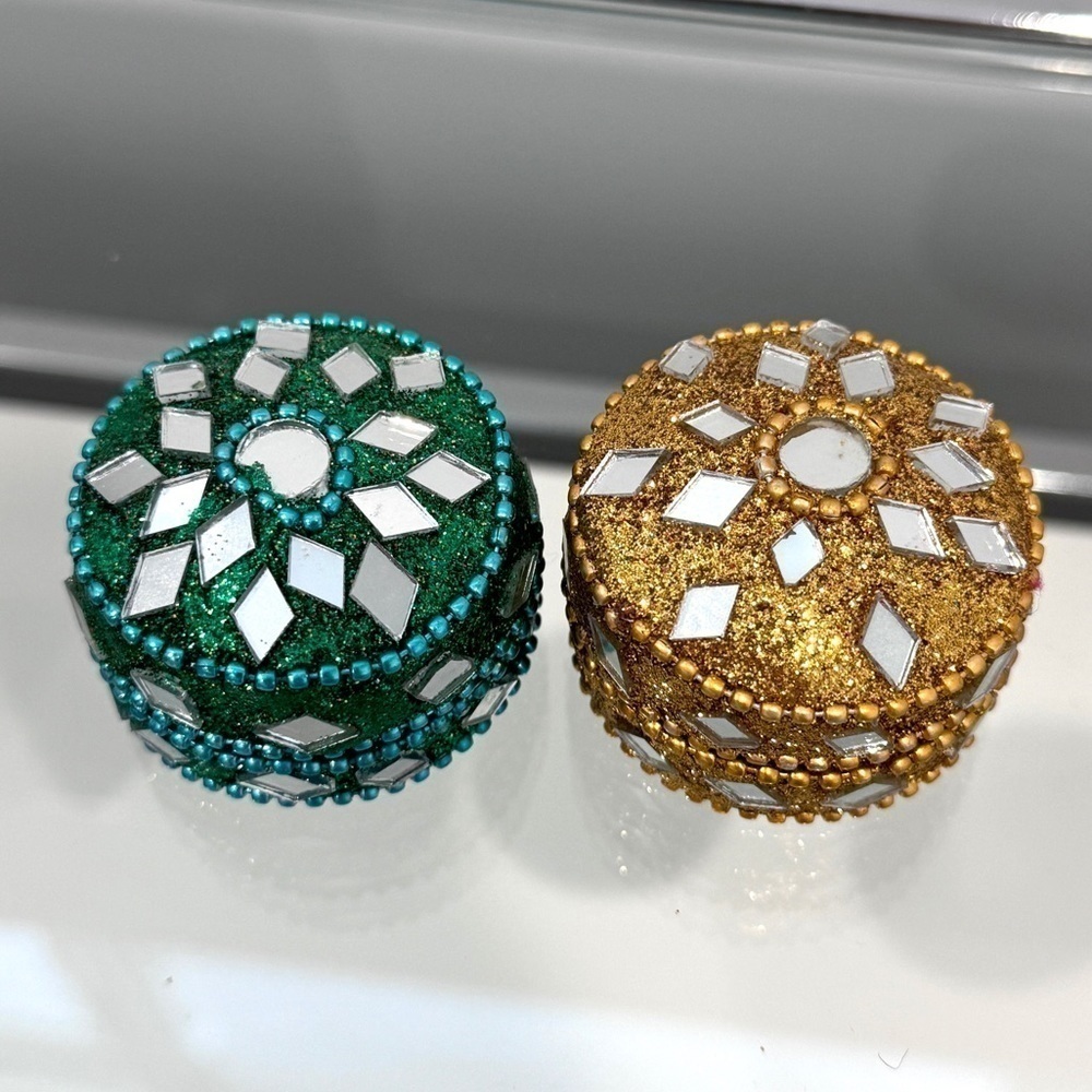 Vintage Indian Mosaic Green and Yellow Trinket Boxes (2)